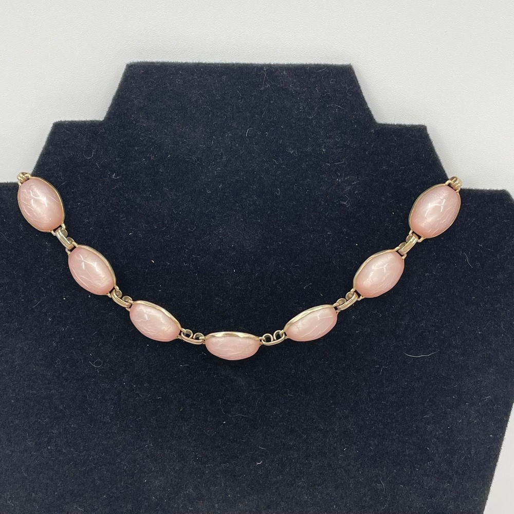 Vintage Pink Thermoset Oval Cabochon Gold Tone Choker Necklace J-Hook Clasp